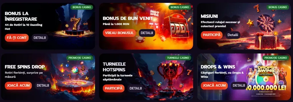 Pagina principală HotSpins Casino – bonusuri active, promoții Drops & Wins și jocuri populare de sloturi